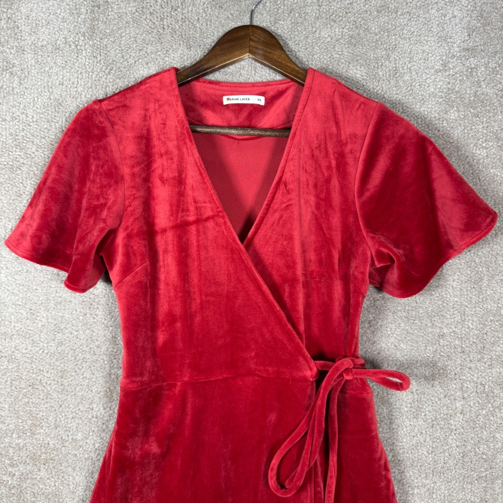 Marine Layer Velvet Wrap Dress Women XS Red Holiday Flutter Sleeve Midi Stretch - Picture 3 of 14